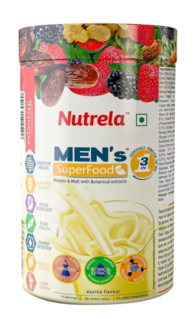 Nutrela para hombre superalimento saludable bebida y proteínas de suero 400 gm sabor vainilla FS+
