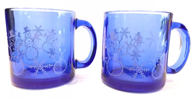 Blue Snowman Snowflake Glass Mugs Set of 2 10oz. EUC