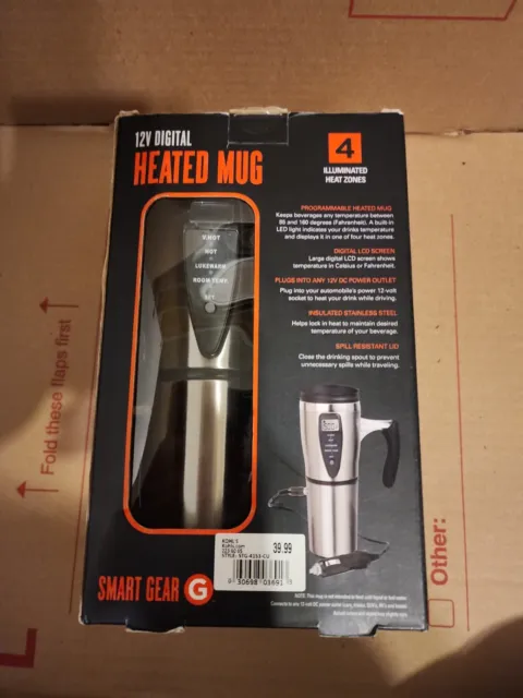 Smart Gear NIB 12V Digital Heated Stainless Steel Travel Mug With Charger