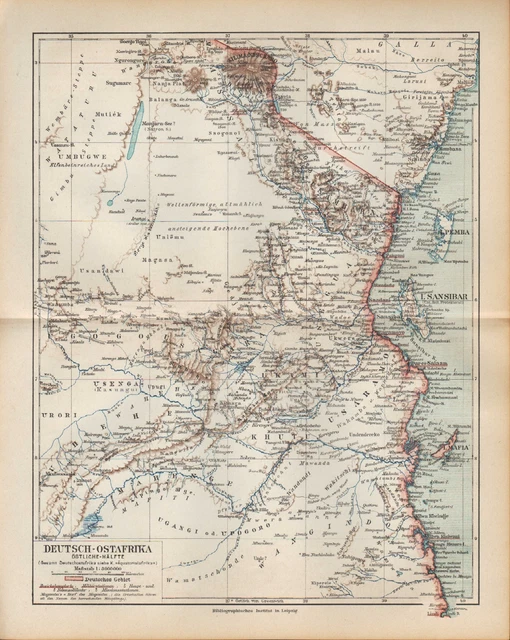 Landkarte map 1890: DEUTSCH-OSTAFRIKA. Deutsche Kolonie Kolonialgeschichte