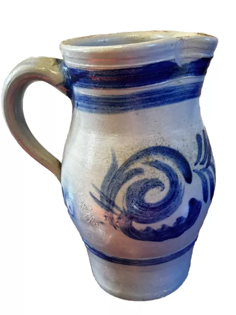 Vintage German Salt Glazed Pottery Pitcher Stoneware Cobalt Blue