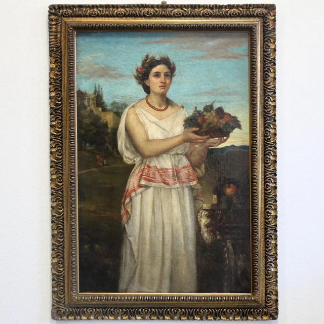 Peinture à L'huile Italienne – Portrait De Jeune Fille, Signée, Cadre Doré, Début 20ème