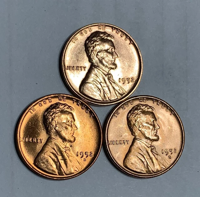 BU Red Gem 1952 P D S Lincoln Wheat Cent  3 Penny Set Superb Looking Coins