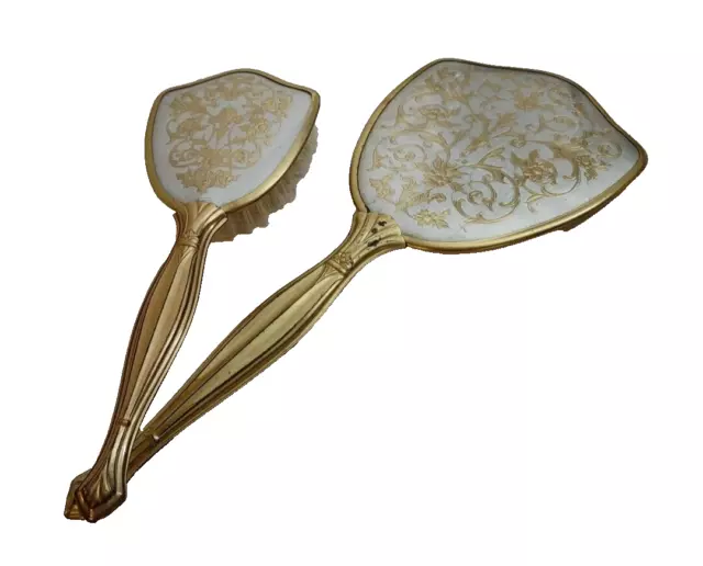 Vintage Hand Held Mirror and Brush Vanity Set Gold Tone Metal Floral Design Back