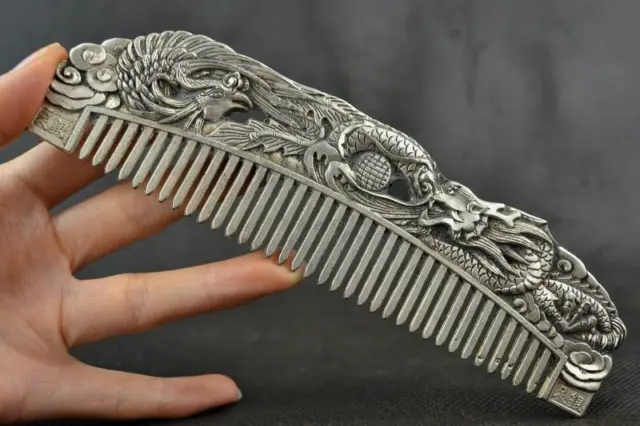Chinese Old Decoration Collectibles Handwork Tibet Silver Carving Dragon Comb