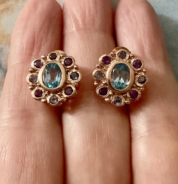 Boucles D'oreilles Anciennes En Or Rose & Argent - Pierres : Topaze, Tanzanite, Améthyste