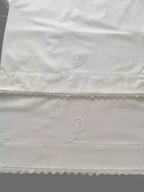Pair Vintage White Cotton Pillowcases Hand Embroidered P Monogram Crochet Edge
