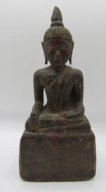 Antique carved wood Thai buddha 9” red pigment