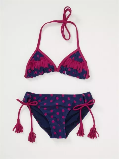 ROXY Bikini Set Girls 14 16 Blue Pink Polka Dots Fringe Top Tie 2 Pcs Junior