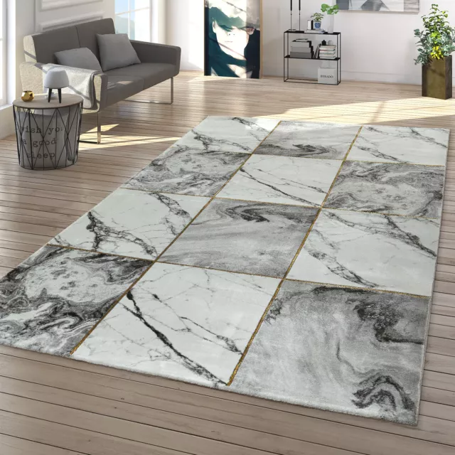 Alfombra de salón, Diseño de Mármol Gris -Oro, Diseño de Bordes de Piedra en 3-D