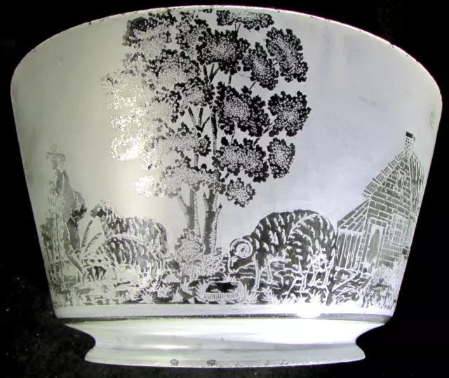 Antique 5" Glass Banquet Gas Oil Lamp Shade Acid Etched Shepherd Cottage Scene