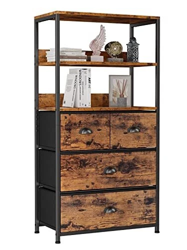 Vertical 4 Drawer Dresser Organizer with 3-Tiers Wood Shelf,Tall Fabric