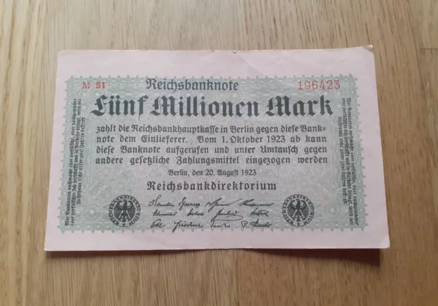 Alter Geldschein, Banknote, Fünf Millionen Mark, Reichsbanknote, 1923