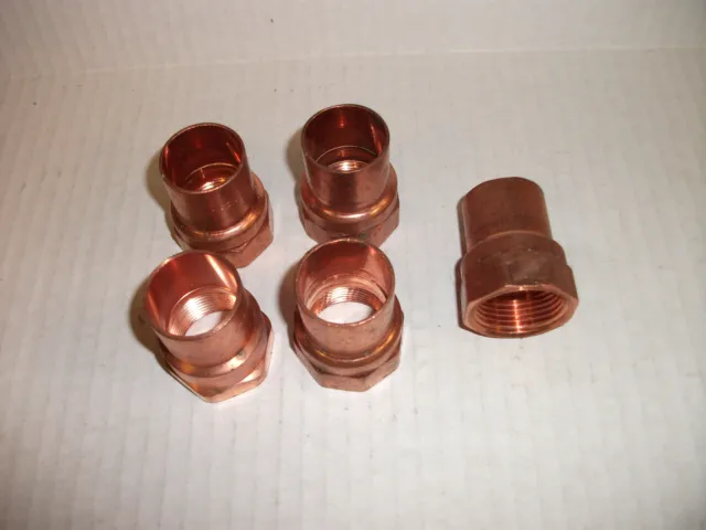 QTY (5) 1" Copper Female Adapters, standard female pipe thread x female solder