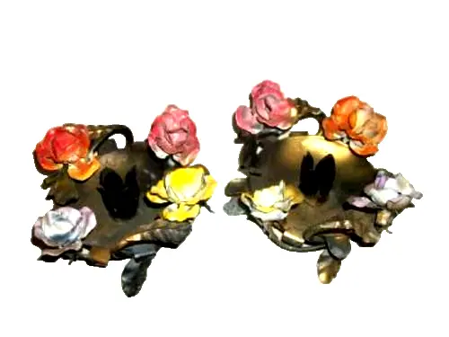 Italian Tole Candle Holders Enameled Roses Chippy Black Gold Mid Century Spain