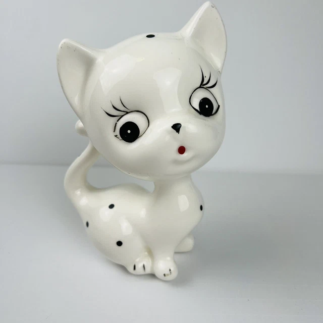 Vintage Ceramic White Cute Eyelash Cat Kitten with Polka Dot Figurine 7” Kitsch