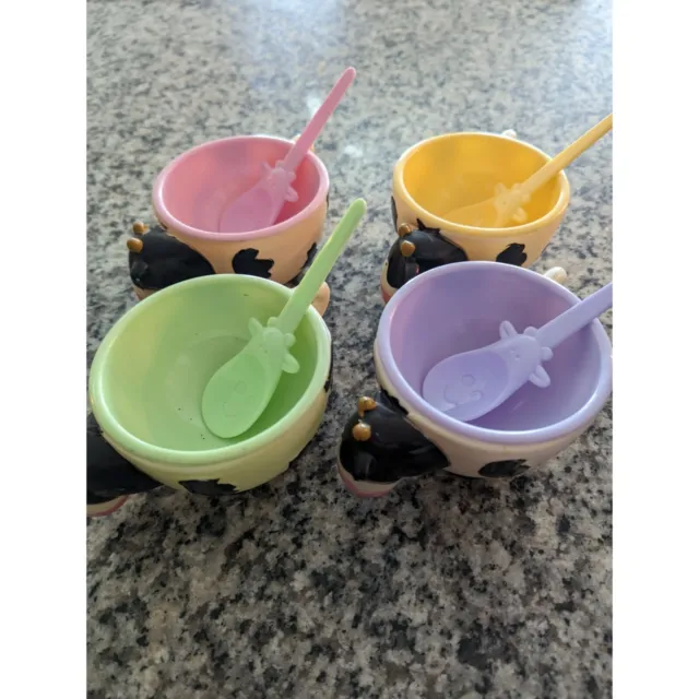 Vintage 1990s Plastic Cow Ice Cream Cups Bows and Spoons Pastel