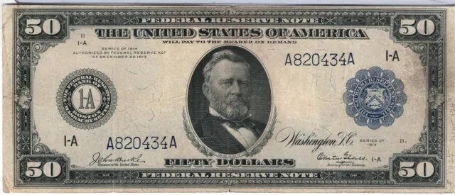 1914 $50 Federal Reserve Note - Boston Ma - A820434A - Burke/Glass - Rare!