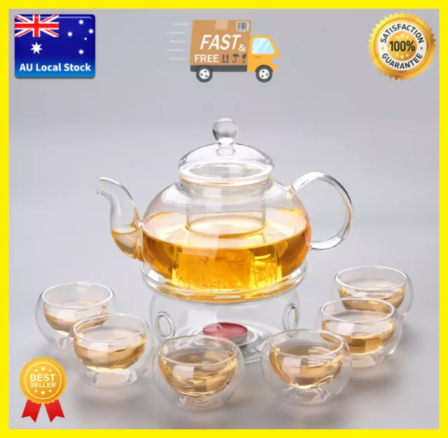 8 Piece Glass Tea Set 800ml Glass Teapot With Infuser + Teapot Warmer + 6 Cups