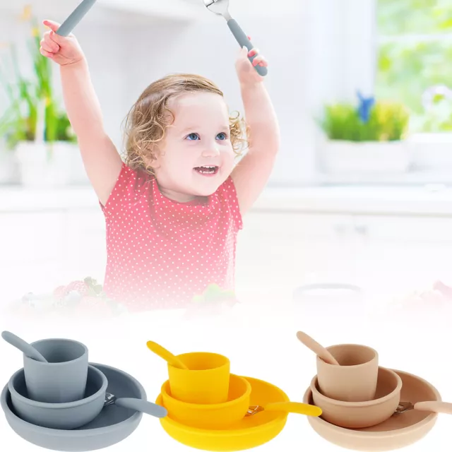 5 Pcs Kids Dinnerware Starter Set Silicone Kids Tableware Set for Toddlers aui