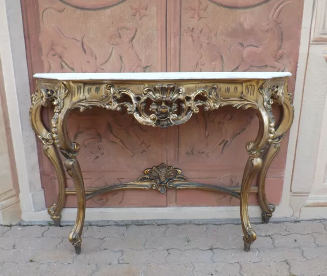 Consolle dorata, struttura lavorata, piano sagomato, console, solo ritiro