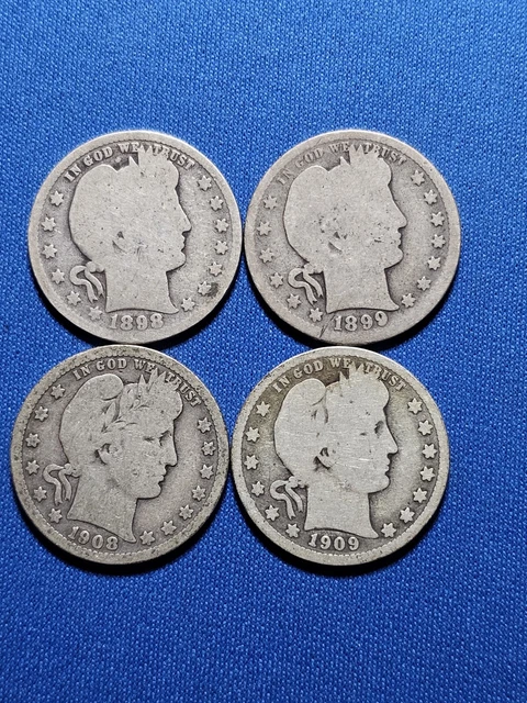 EARLY Liberty Barber 90% Silver US Quarter Lot. 1898 TO 1909. 4 Better Barbers!