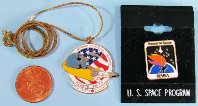 NASA PIN & PENDANT PAIR vtg Space Shuttle Challenger STS-51L / TEACHER in SPACE