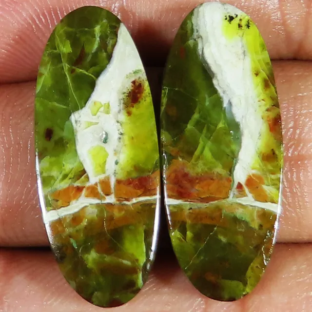 natural GREEN OPAL pair oval cabochon loose gemstone 27.40 Cts. (12 x 29 x 3 mm)