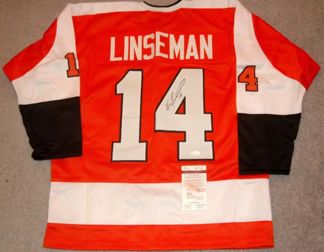 Maillot dédicacé style orange Ken Linseman Philadelphia Flyers XL avec coa JSA