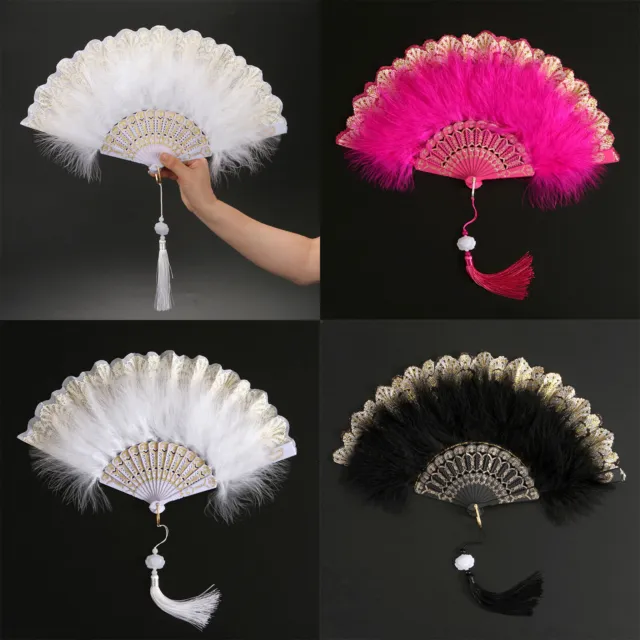 Womens Fan Embroidered Feather Decor Hand 1920s Folding Ball Handheld Parties