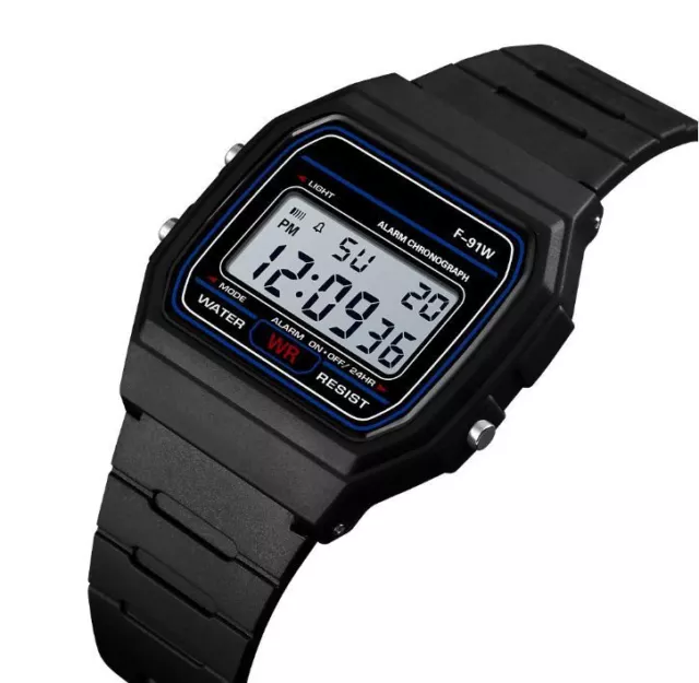 Reloj LCD digital clásico/retro/de colección años 70/80 F-91W unisex con correa negra 2