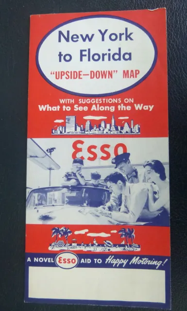 1955 New York to Florida upside- down  road map Esso oil gas