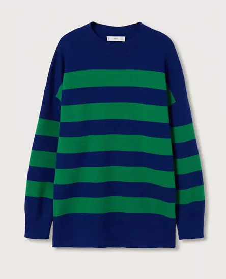 Mango, fine knit sweater, green/blue striped, rounded neck, long sleeve