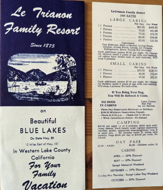 Le Trianon Family Report Blue Lake Lake Co CA W/Rate Card For Lodging/Campin