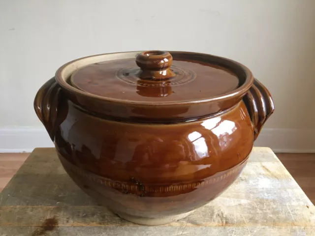 Vintage Brown Glazed Stoneware Casserole Pot / Lid Farmhouse Salvage Kitchenalia