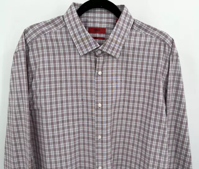 HUGO BOSS SHARP FIT BUTTON FRONT SHIRT Men Size XL 17.5 36/37 Brown Plaid