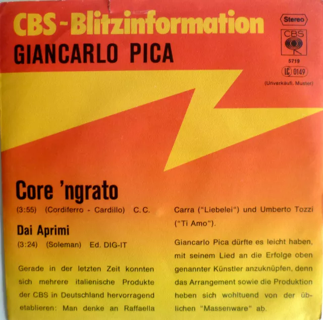 7" 1977 CBS BLITZ MINT- ! GIANCARLO PICA: Core ´ngrato