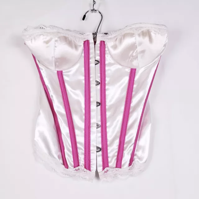 Coquette Womens Satin Bustier w/ Cups Small Lace Trim Corcet White Pink Boned