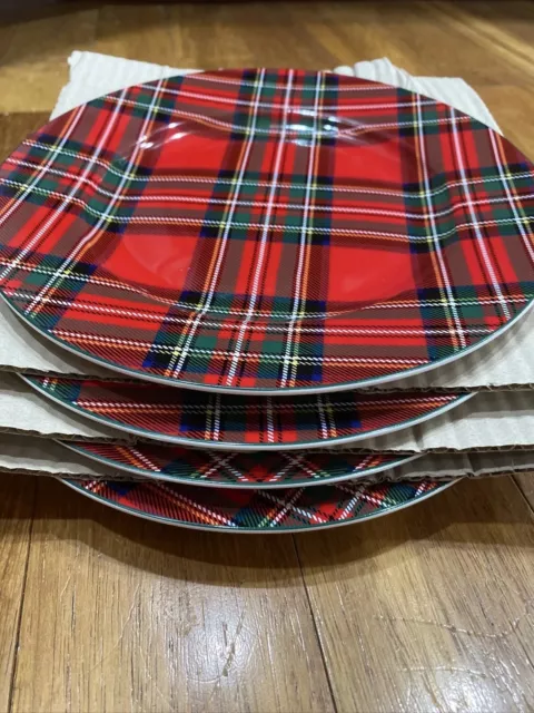 4 Royal Stewart Tartan Red Plaid 9” Salad Christmas Plates Cabin Decor Mikasa