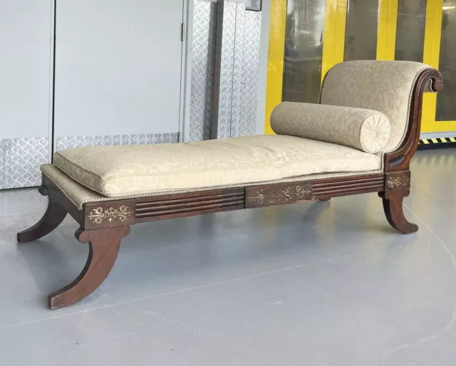 Antique English Regency Mahogany Upholstered Chaise Lounge Day Bed