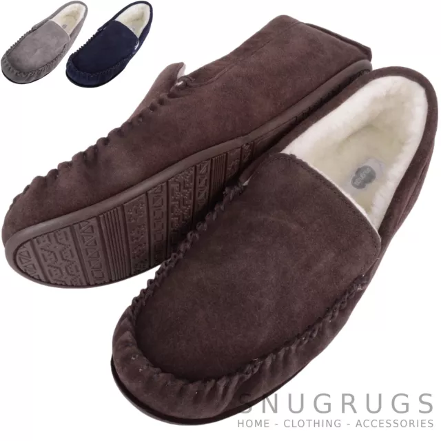 SNUGRUGS Mens Genuine Suede Wool Lined / Sheepskin Moccasin Slippers Rubber Sole