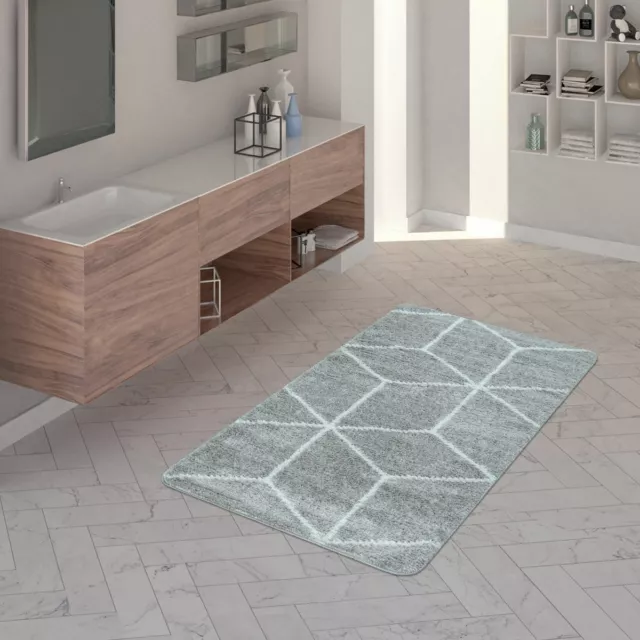 Badematte, Kurzflor-Teppich Für Badezimmer Mit Rauten-Muster In Grau Weiß