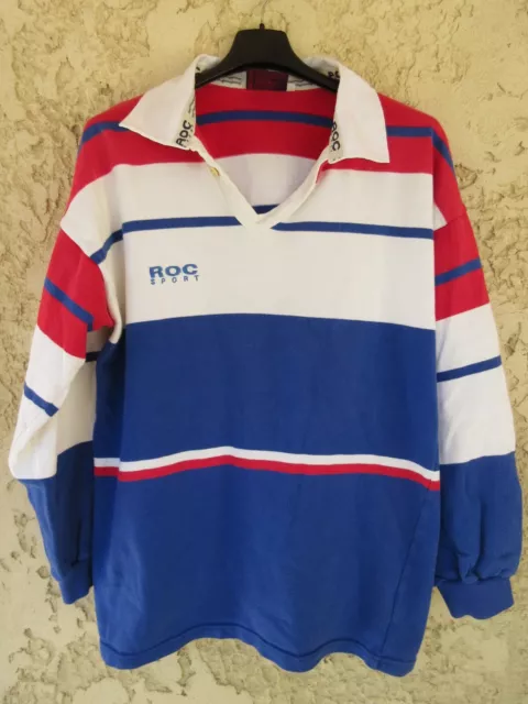 Maillot rugby ROC SPORT vintage bleu blanc rouge coton années 80 shirt L