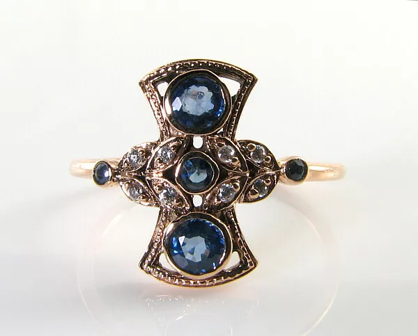 9K 9Ct Rose Gold Sapphire & Diamond Art Deco Ins Fan Ring Free Resize