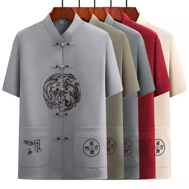 Mens Traditional Chinese Tang Suit T-shirt Set Kung Fu Taichi Uniform Dragon Hot