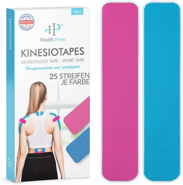 Health Press Kinesiotapes - 50 Kinesiologie Tape Streifen Precut Blau + Rosa (25