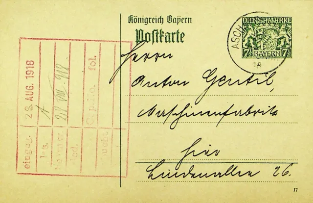 Deutschland Bayern 1918 WWI Mantel Von Arme 7½ Pf Postal Karte Von Aschaffenburg