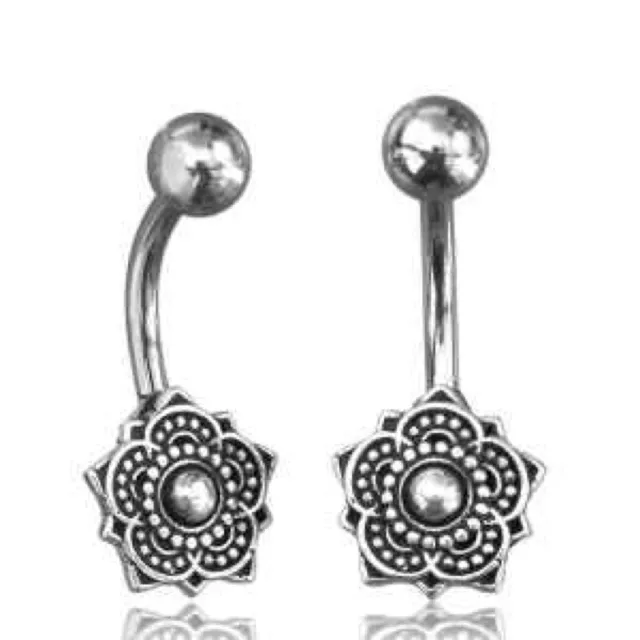 Tribal Belly Ring 14G 1.6Mm Sterling Silver Naval Bar Mandala Flower Boho Gypsy