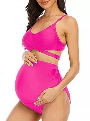 Summer Mae Maternity Criss Cross Bikini Swimsuits High Waist String HOT PINK XL