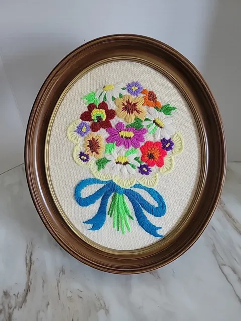 Vintage Hand Embroidered Floral Bouquet 1970’s Oval Framed Art Bright Colors
